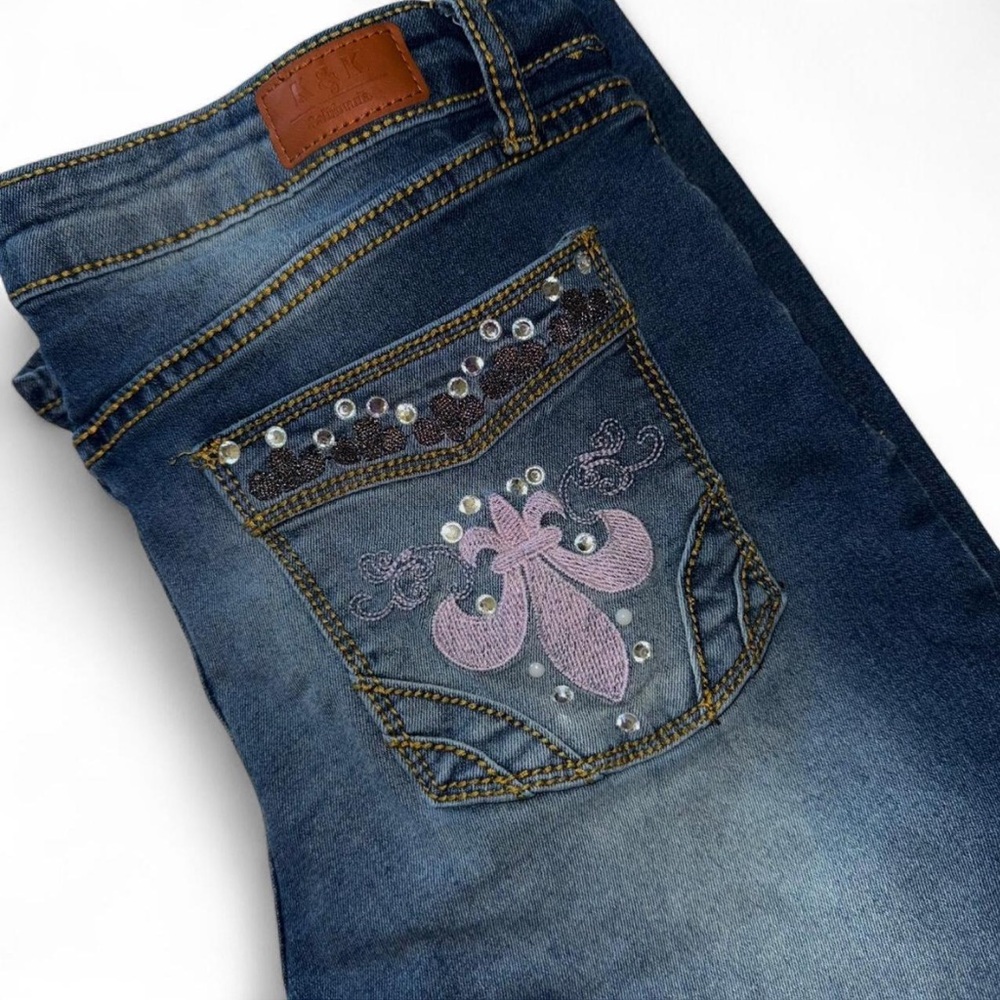 McBling Y2K K&S Sz 7/8 Juniors Rhinestone Embroidered Back Pocket Bootcut Jeans
